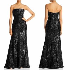 Teri Jon by Rickie Freeman Strapless Geometric Sequined Gown Black US 12 Formal